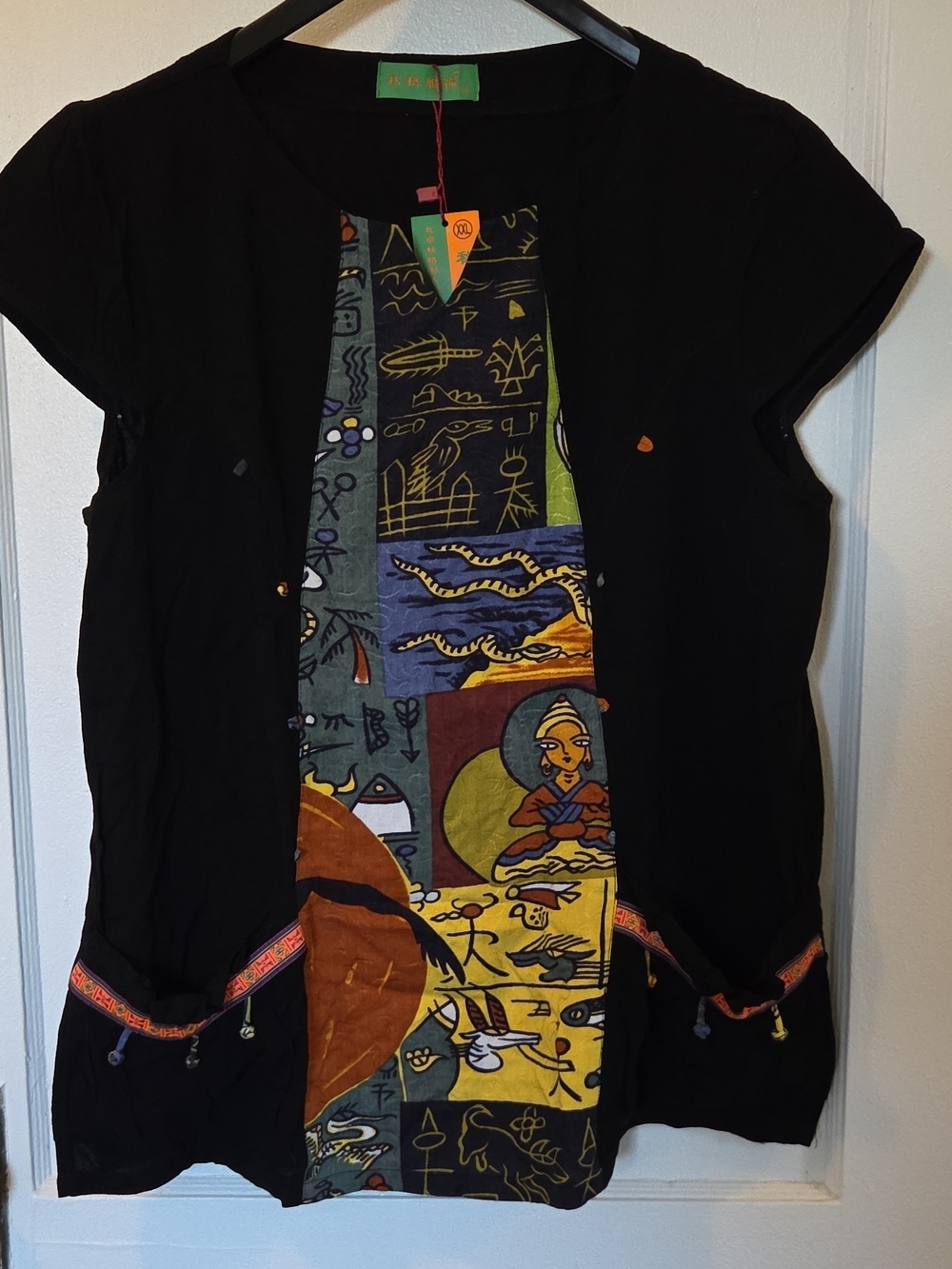 Bohemian Black Patchwork Front Tunic Top